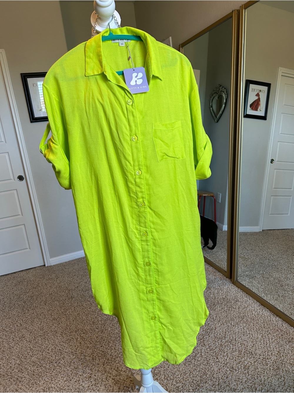 Kitty and Vibe Neon Chartreuse Button-down Shirt Dress Swim Cover-up Linen S/M